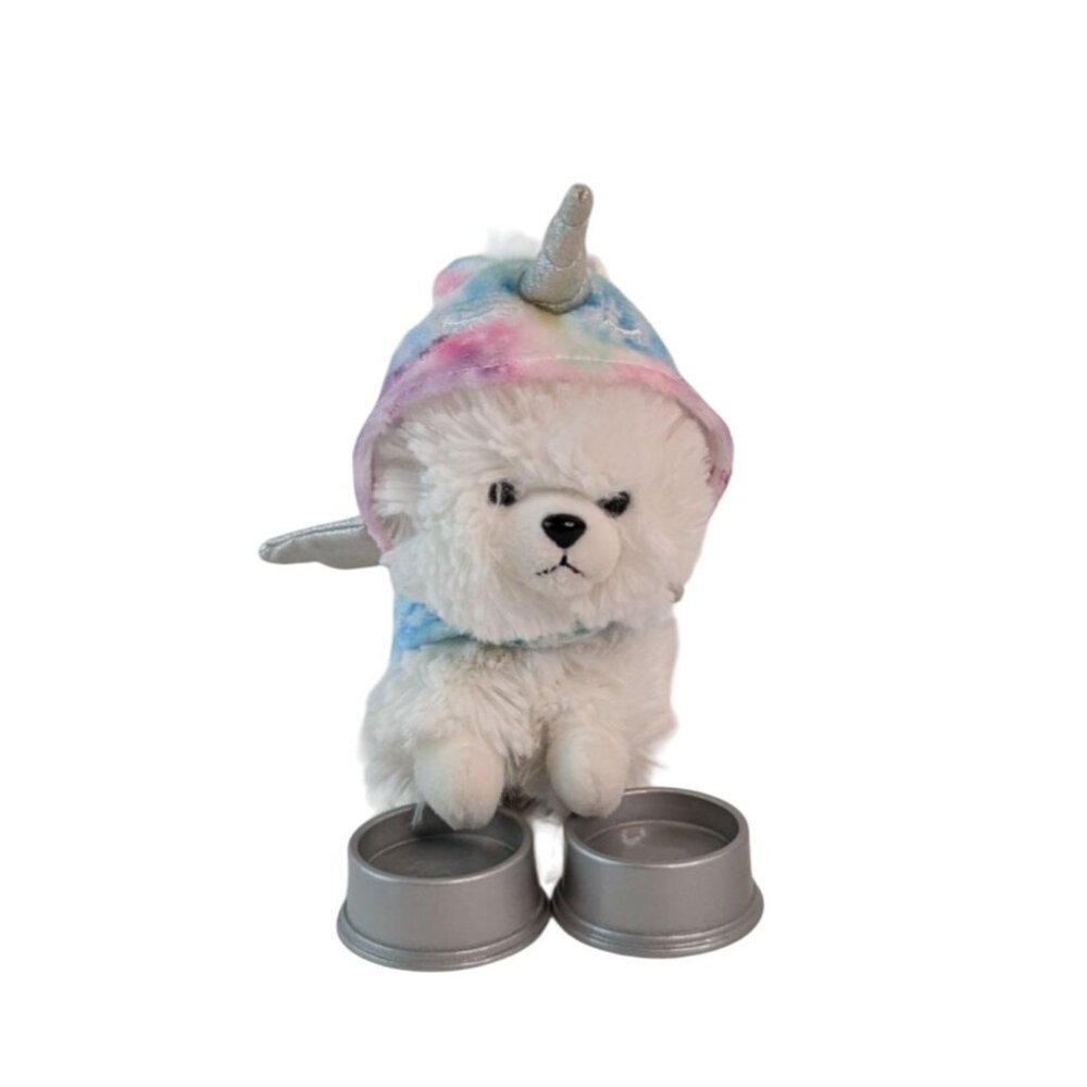 Justice Missy White Puppy Dog 5" Plush w/Unicorn‎ Costume & Food Dishes